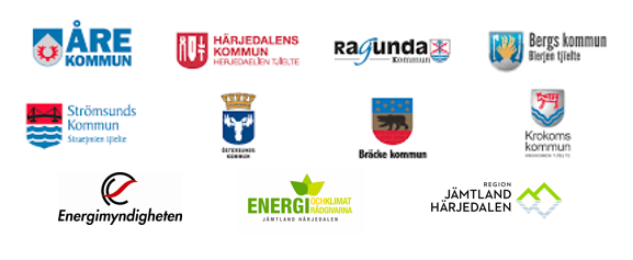 Bilden visar loggor för de kommuner som projektet omfattar : Åre, Härjedalen, Ragunda, Berg, Strömsund, Östersund, Bräcke och Krokom. Samt Loggan för Energimyndigheten som är finansiär för projektet och Loggarna för Energi- och klimatrådgivarna Jämtland Härjedalen samt Region Jämtland Härjedalen. 